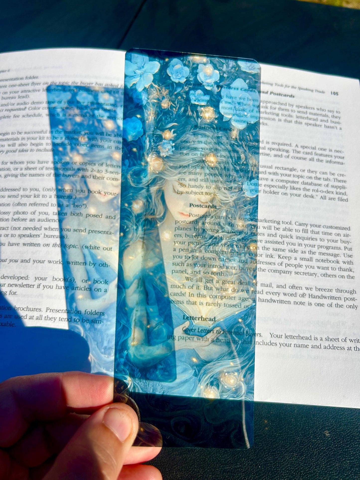 Magical Girl Reading Bookmark in Firefly Forest | Blue Roses | Enchanted Woodland Art | Whimsical | Fairy Tale