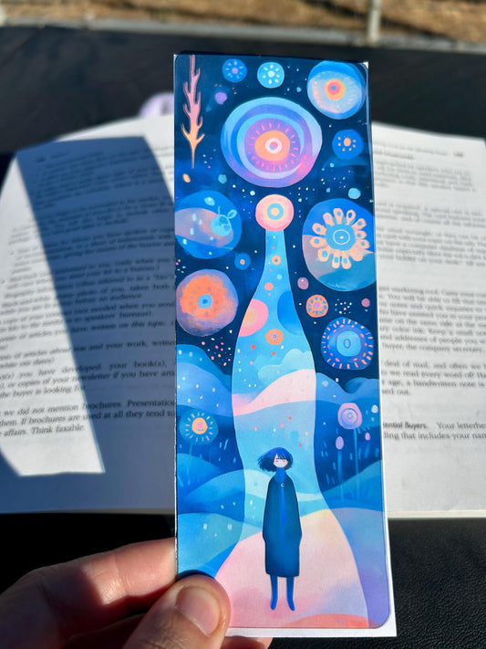 Dreamy Cosmic Portal Bookmark – Surreal Galaxy Path with Girl in Midnight Blues, Whimsical Bookish Gift for Fantasy Lovers