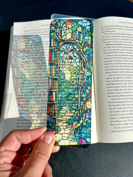 Stained Glass Library Garden Bookmark – Vibrant Bookshelf Pathway Design with Floral Arch and Magical Window for Book Lovers