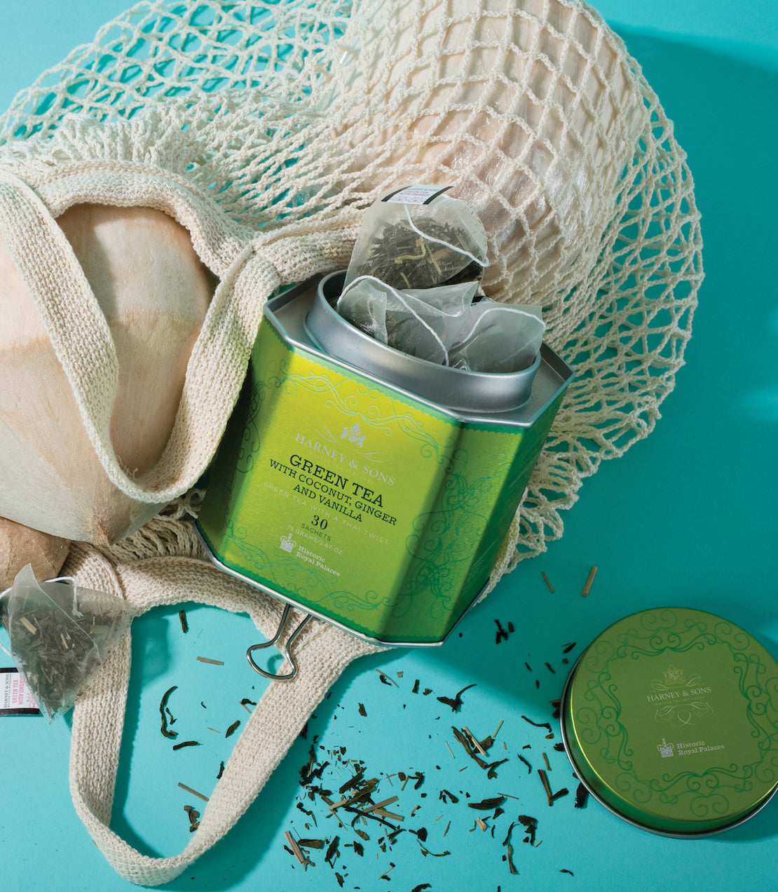 Té verde con coco, jengibre y vainilla, lata HRP de 30 bolsitas