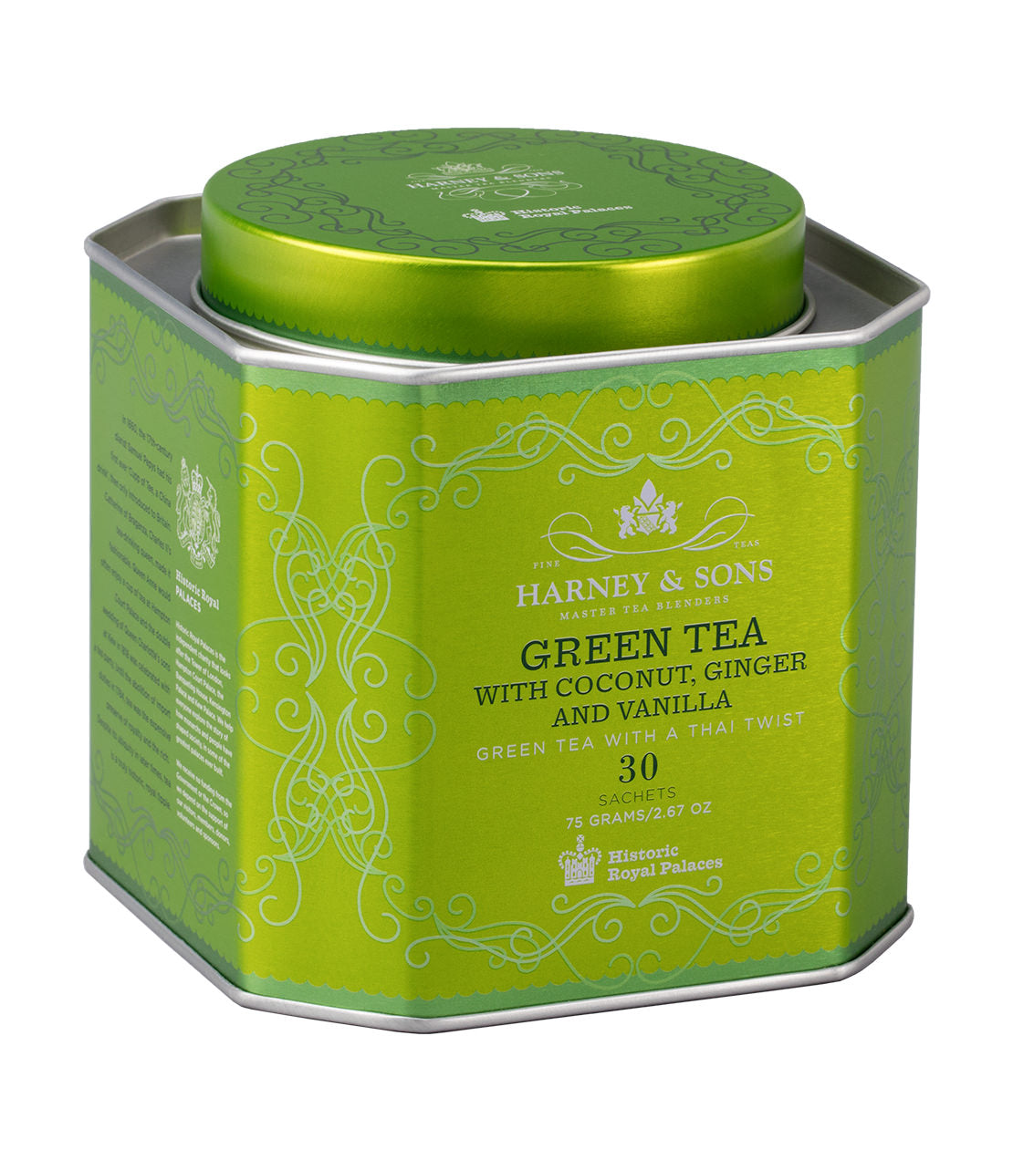 Té verde con coco, jengibre y vainilla, lata HRP de 30 bolsitas