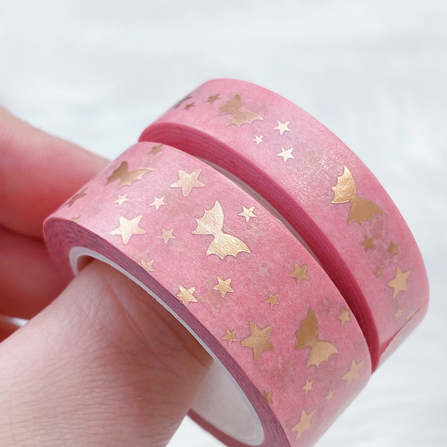 Serenity Coral Bat Bow Magic Washi Tape Bundle | 15 + 10 MM | Rose Gold Foil