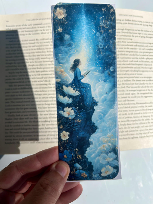 Celestial Dreamscape Bookmark – Girl Reading Under Starry Sky, Fantasy Galaxy Art for Book Lovers, Cosmic Flower Night Gift