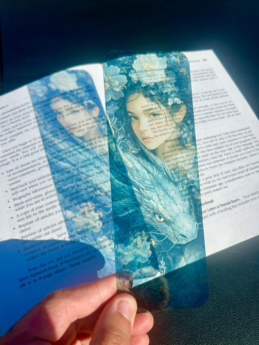 The Dragon Girl Fantasy Bookmark | Blue Floral Whimsy Art | Mythical Guardian Companion | Elegant Dreamy Illustration | Dragon Lover Gift