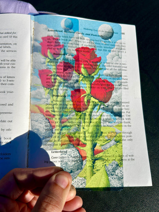 Psychedelic Rose Bookmark – Hades-Inspired Cosmic Roses Growing into the Clouds, Mythical Landscape Bookmark Art