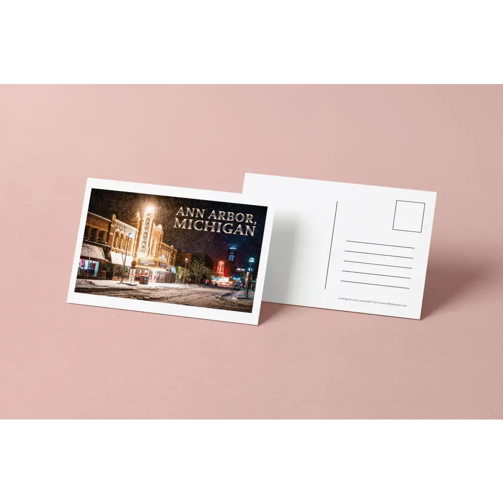 Ann Arbor Michigan Postcard – Winter Night Scene Michigan Theater – Original Postcard by Creative By Sanchez - Postcard