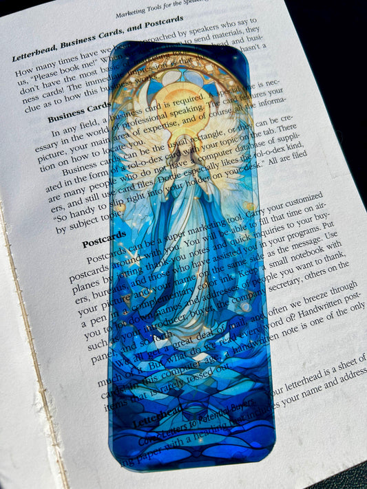 Heavenly Angel Bookmark – Stained Glass Blue and Gold Cathedral Art with Wings and Halo, Peaceful Spiritual Gift