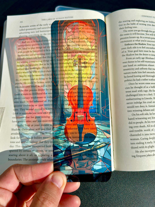Stained Glass Violin Bookmark with Vibrant Fantasy Art – Glossy Laminated Music Lover Bookmark, Classical Instrument Gift for Bookworms