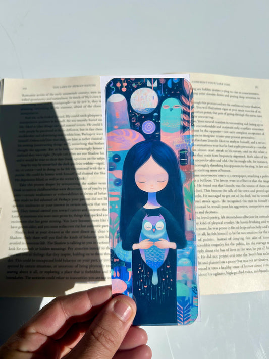 Dreamy Girl with Owl, Cosmic Fantasy Art, Starry Bookmark for Owl Lovers & Readers