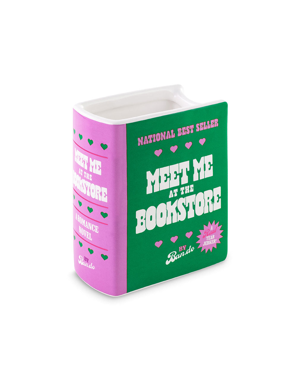green and pink book ceramic vase: meet me at the bookstore by ban.do