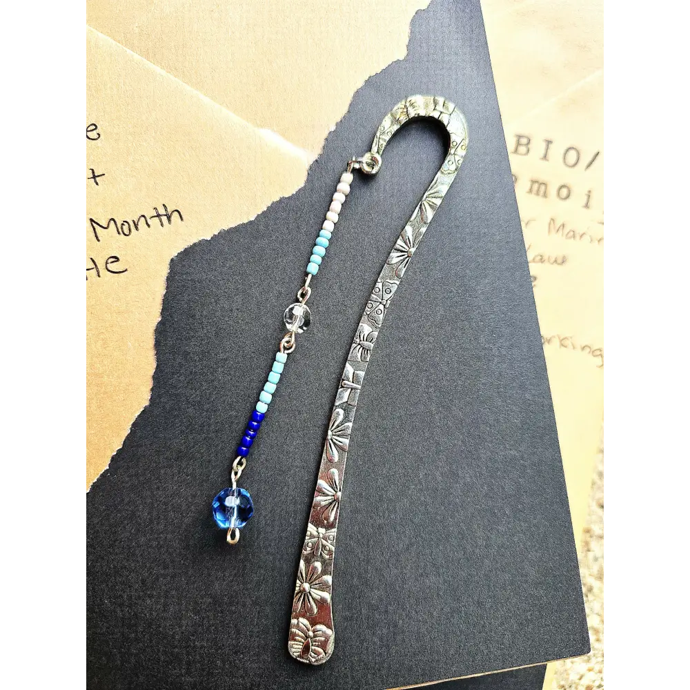 Beaded Metal Hook Bookmark - Handmade - Blue Crystal - book accessory