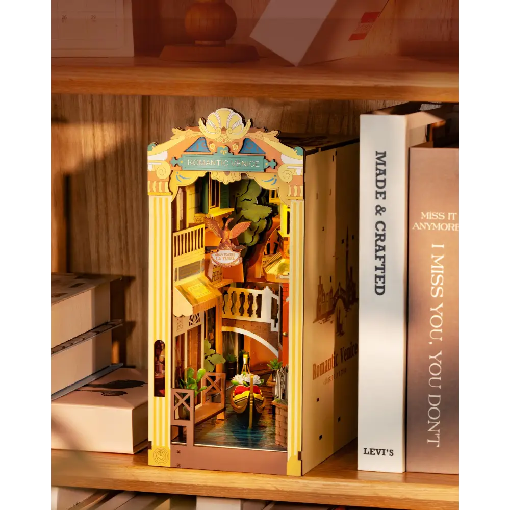 Book Nook Kit DIY Miniature House Kit Booknook Bookshelf Insert Decor 3D Wooden Bookend with LED Model Craft Hobby Gift