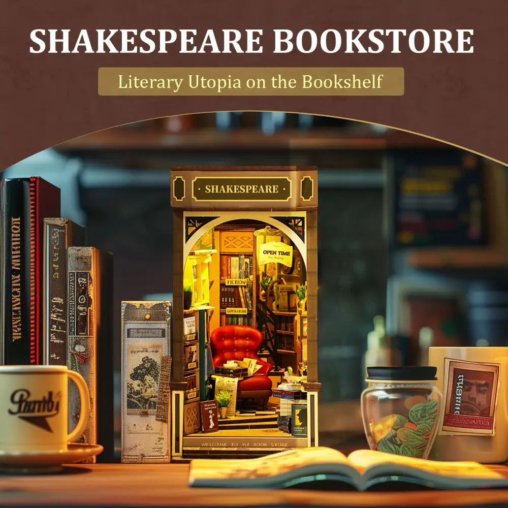 Book Nook Kit for Adults Vintage Decorative Bookend DIY Miniature House Bookshelf Insert Decor with LED Retro Wooden