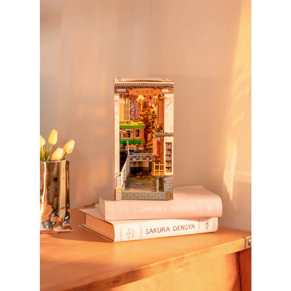Book Nook Kit for Adults Vintage Decorative Bookend DIY Miniature House Bookshelf Insert Decor with LED Retro Wooden