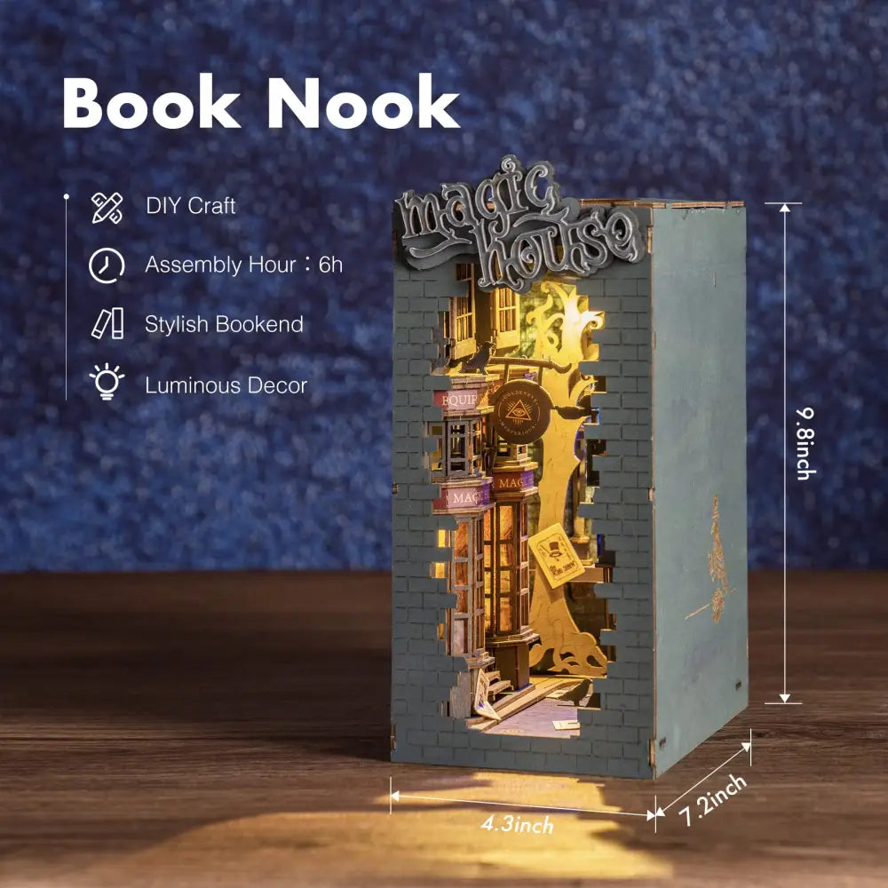 Book Nook Kit for Adults Vintage Decorative Bookend DIY Miniature House Bookshelf Insert Decor with LED Retro Wooden
