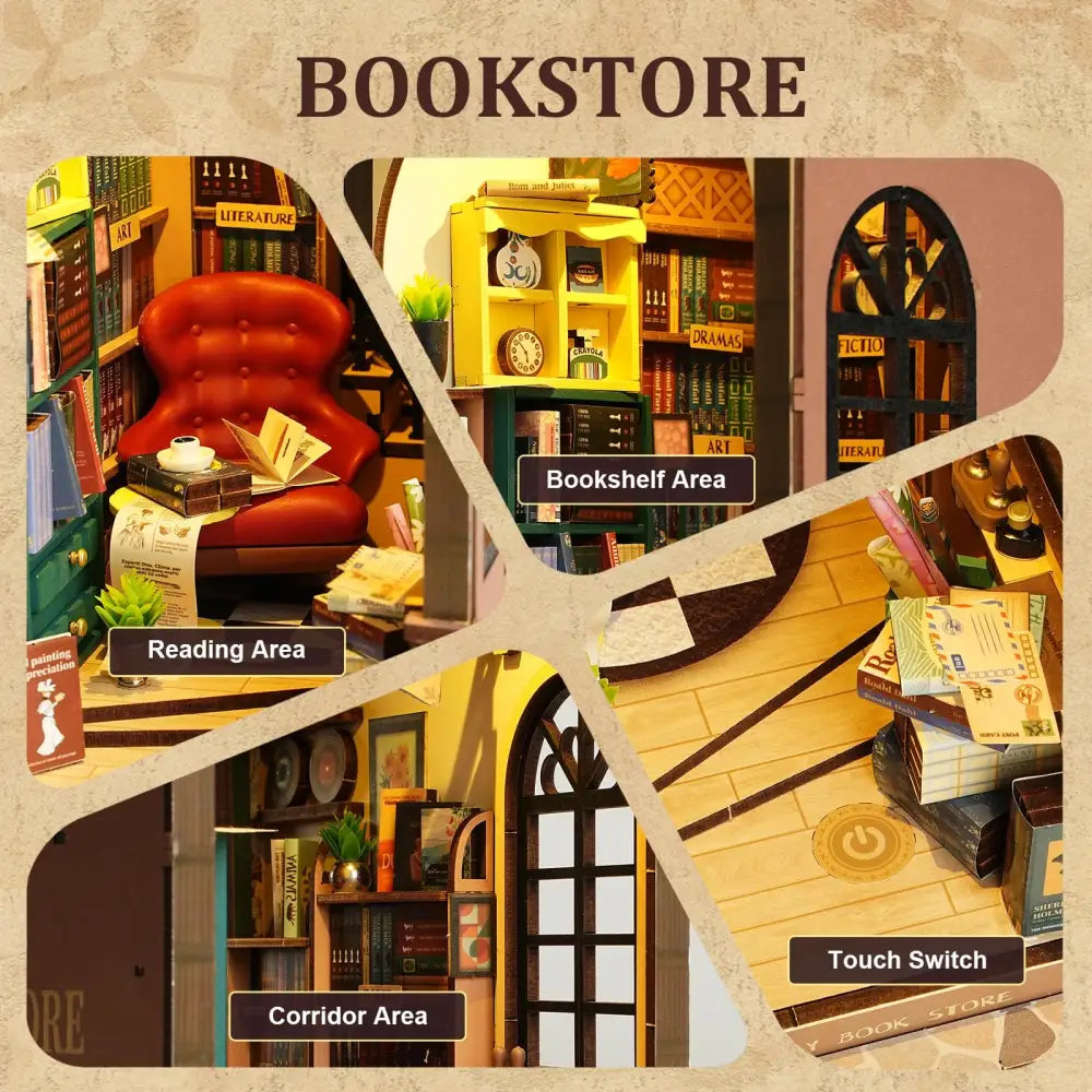 Book Nook Kit for Adults Vintage Decorative Bookend DIY Miniature House Bookshelf Insert Decor with LED Retro Wooden