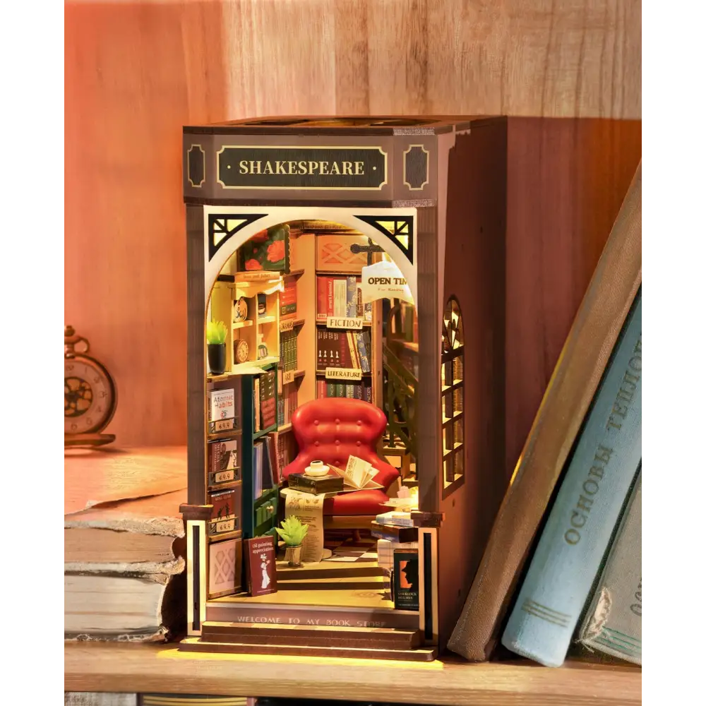 Book Nook Kit for Adults Vintage Decorative Bookend DIY Miniature House Bookshelf Insert Decor with LED Retro Wooden