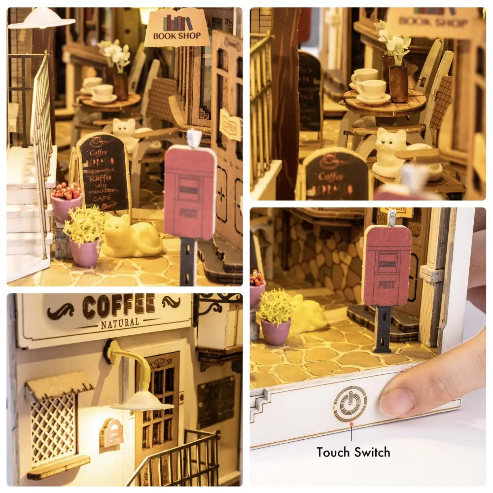 Book Nook Kit for Adults Vintage Decorative Bookend DIY Miniature House Bookshelf Insert Decor with LED Retro Wooden