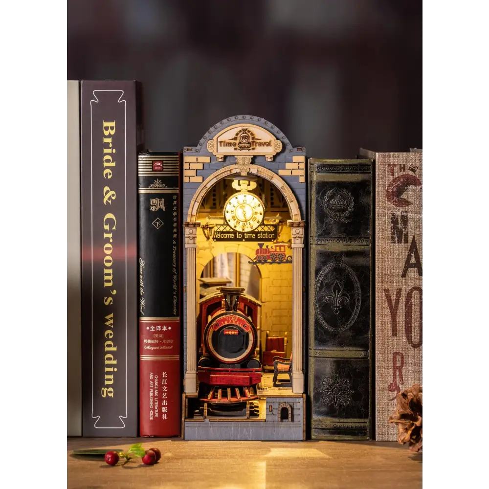 Book Nook Kit for Adults Vintage Decorative Bookend DIY Miniature House Bookshelf Insert Decor with LED Retro Wooden