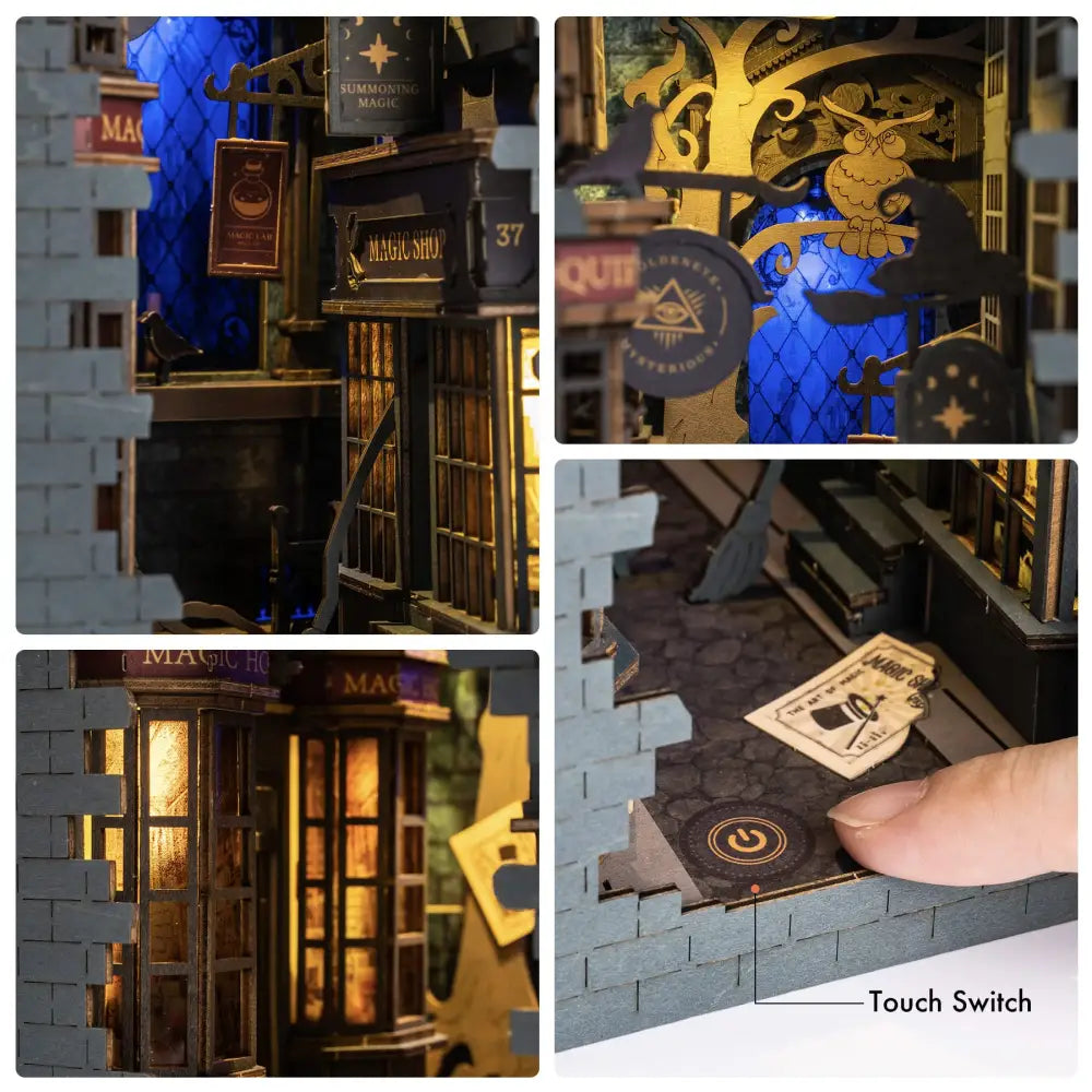 Book Nook Kit for Adults Vintage Decorative Bookend DIY Miniature House Bookshelf Insert Decor with LED Retro Wooden