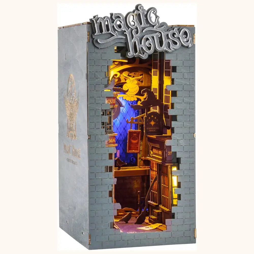 Book Nook Kit for Adults Vintage Decorative Bookend DIY Miniature House Bookshelf Insert Decor with LED Retro Wooden
