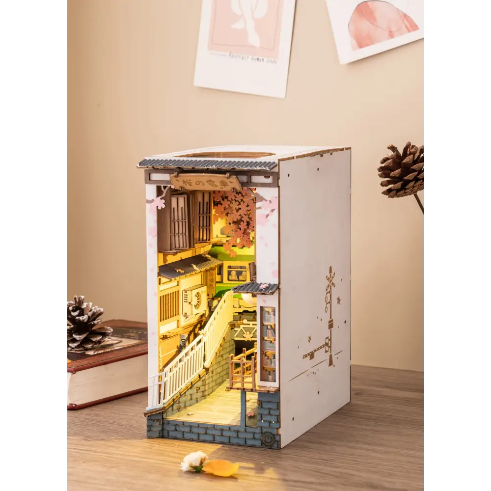 Book Nook Kit for Adults Vintage Decorative Bookend DIY Miniature House Bookshelf Insert Decor with LED Retro Wooden