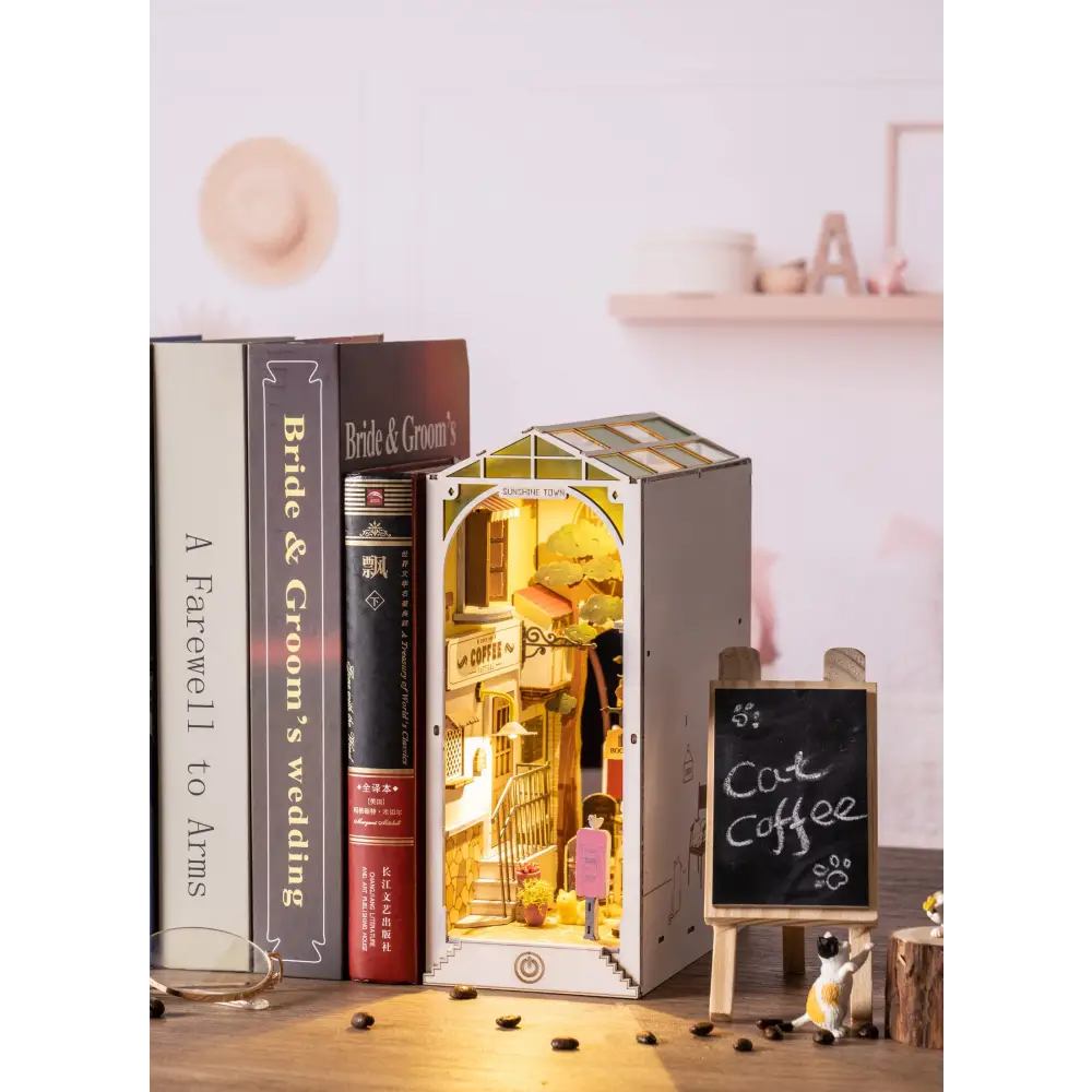 Book Nook Kit for Adults Vintage Decorative Bookend DIY Miniature House Bookshelf Insert Decor with LED Retro Wooden
