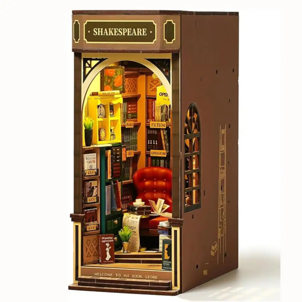 Book Nook Kit for Adults Vintage Decorative Bookend DIY Miniature House Bookshelf Insert Decor with LED Retro Wooden