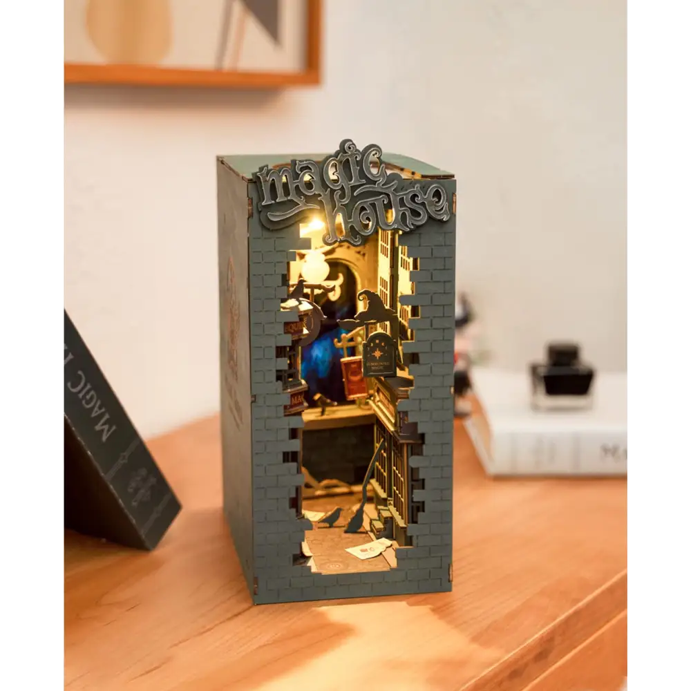 Book Nook Kit for Adults Vintage Decorative Bookend DIY Miniature House Bookshelf Insert Decor with LED Retro Wooden