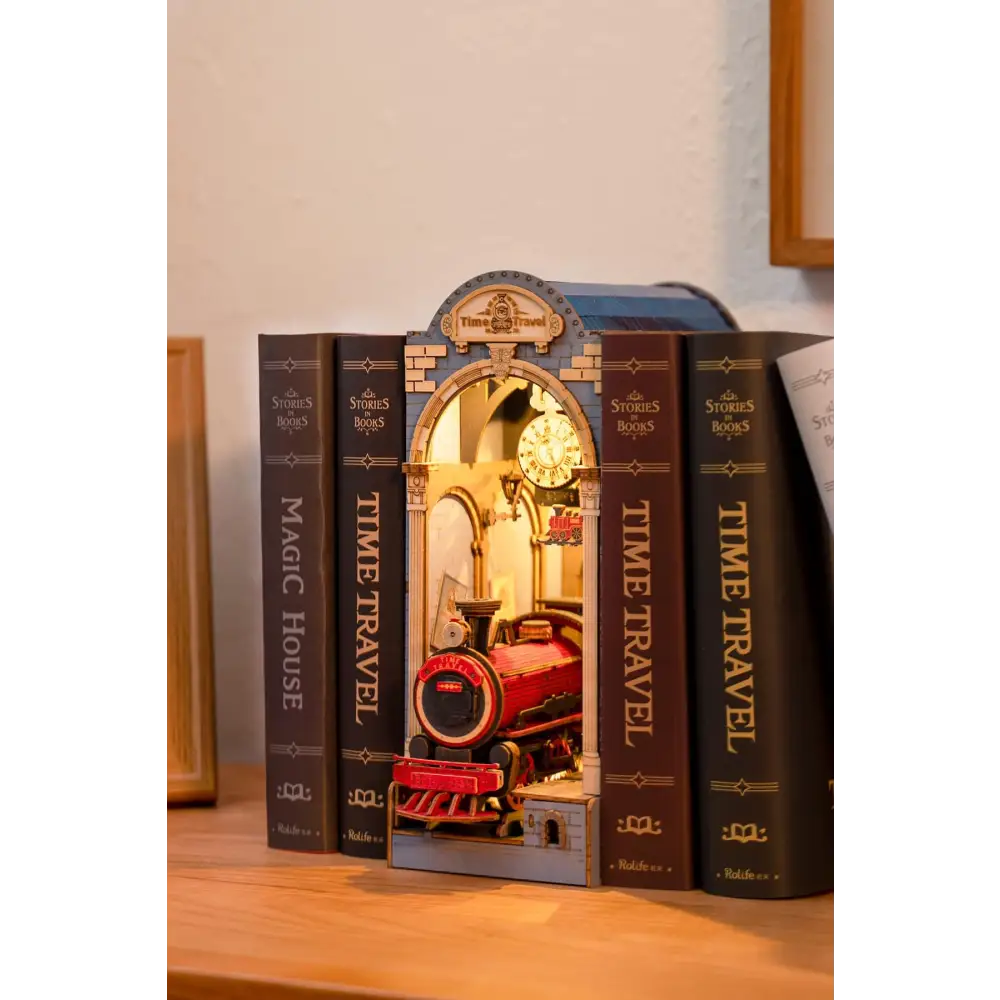 Book Nook Kit for Adults Vintage Decorative Bookend DIY Miniature House Bookshelf Insert Decor with LED Retro Wooden
