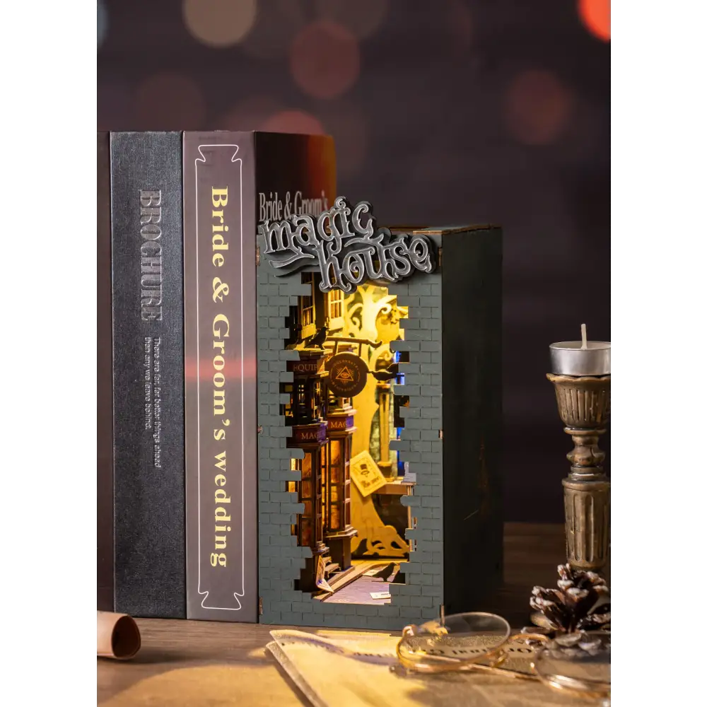Book Nook Kit for Adults Vintage Decorative Bookend DIY Miniature House Bookshelf Insert Decor with LED Retro Wooden