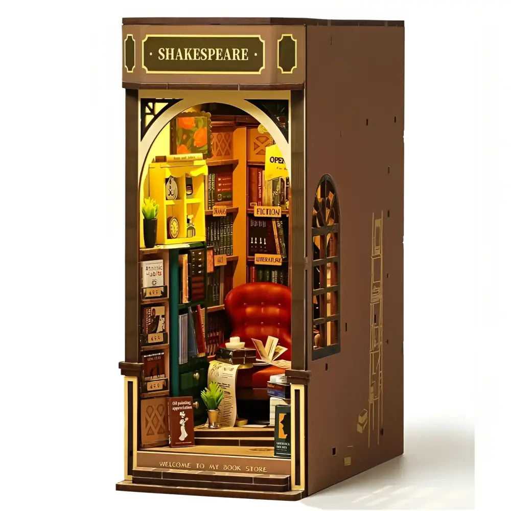 Book Nook Kit for Adults Vintage Decorative Bookend DIY Miniature House Bookshelf Insert Decor with LED Retro Wooden
