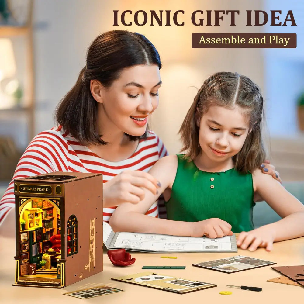 Book Nook Kit for Adults Vintage Decorative Bookend DIY Miniature House Bookshelf Insert Decor with LED Retro Wooden