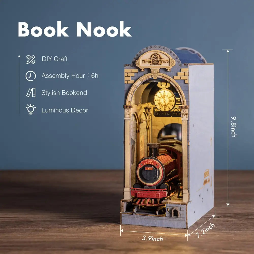 Book Nook Kit for Adults Vintage Decorative Bookend DIY Miniature House Bookshelf Insert Decor with LED Retro Wooden