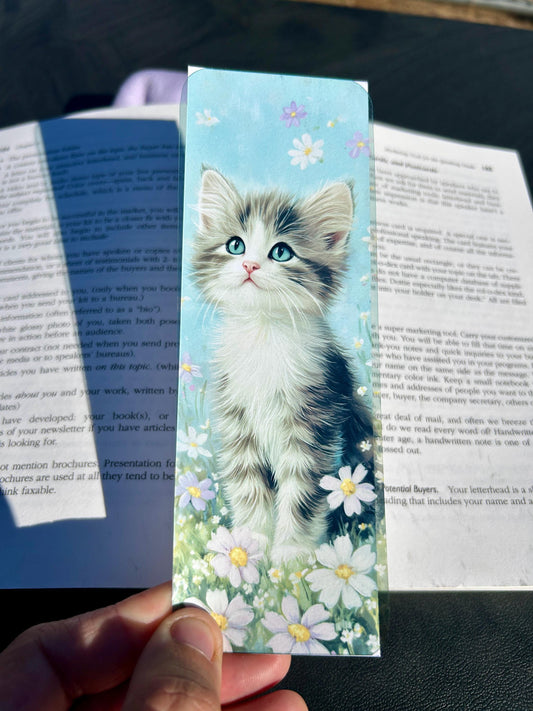 Kitten Bookmark with Scrapbook Paper Floral Background – Unique Cat Art for Cat Lovers, Readers, and Vintage Stationery Fans