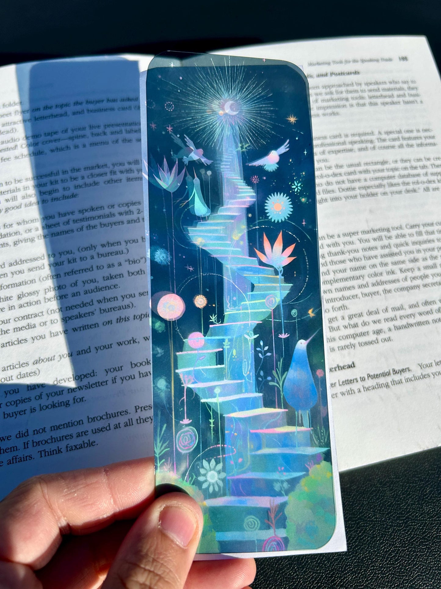 Lunar Night Sky Bookmark – Surreal Staircase with Birds, Cosmic Flowers, and Glowing Lunar Night Sky Bookmark Art