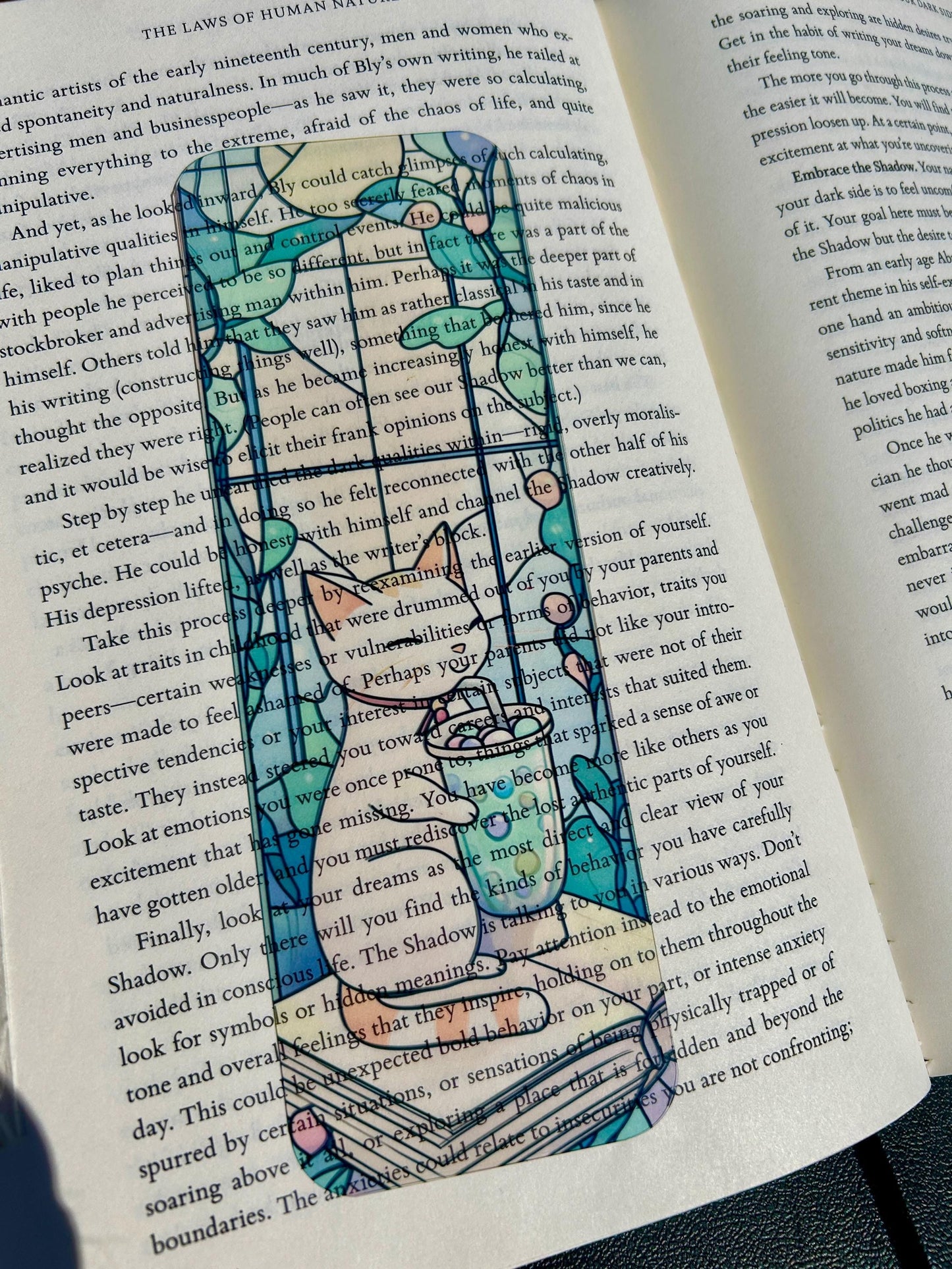 Kawaii Cat Drinking Bubble Tea Bookmark with Pastel Stained Glass Background – Cute Cozy Art for Book Lovers, Boba Fans