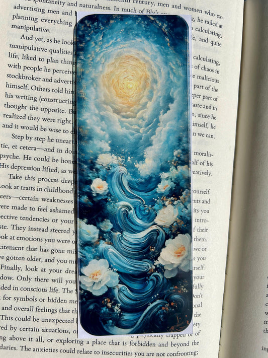 Celestial Portal Bookmark – Swirling Pages & White Blossoms in Blue Sky | Fantasy Escape Bookmark for Dreamy Readers