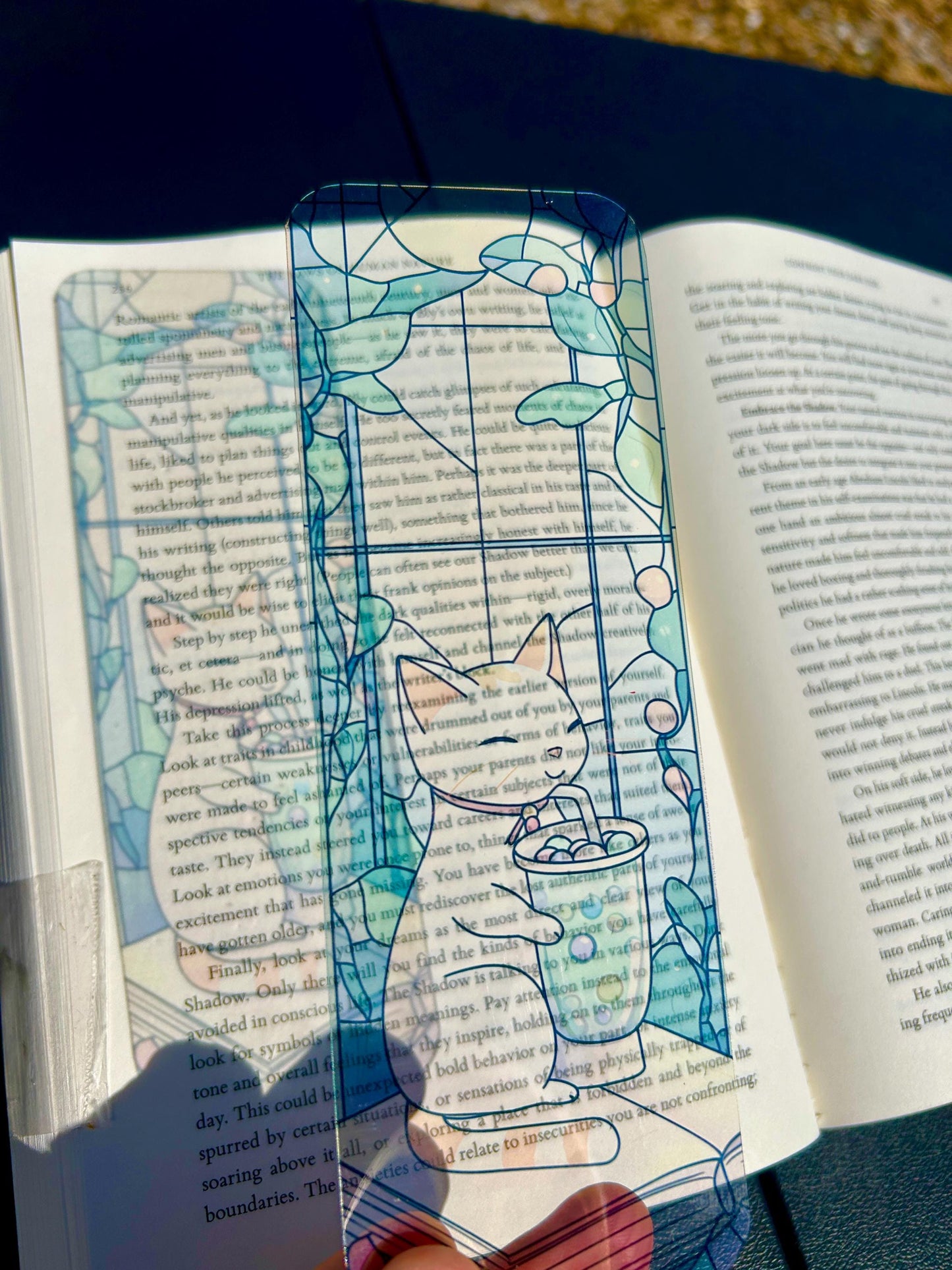 Kawaii Cat Drinking Bubble Tea Bookmark with Pastel Stained Glass Background – Cute Cozy Art for Book Lovers, Boba Fans