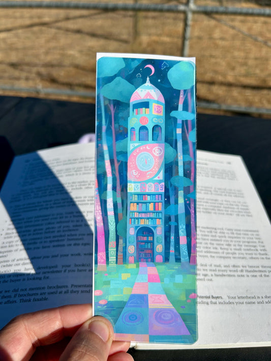 Enchanted Library Bookmark – Whimsical Tower of Living Books, Vibrant Fantasy Art for Readers and Dreamers