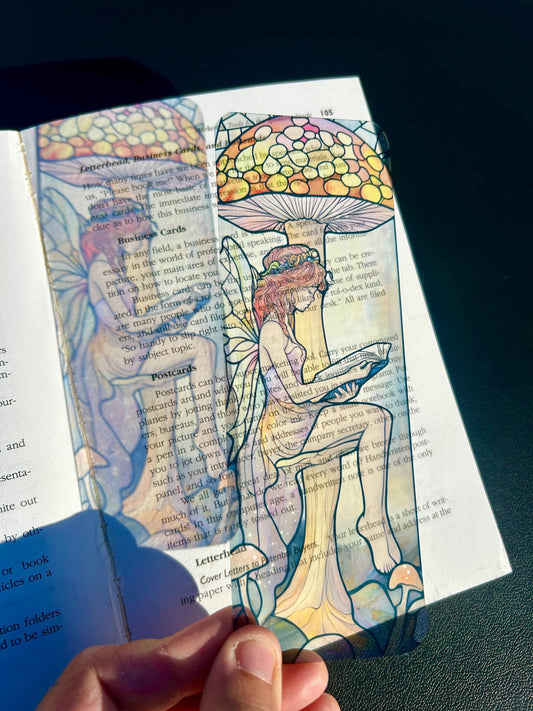 Fairy Reading Under Mushroom Bookmark in Pastel Pink and Stained Glass Style – Whimsical Fantasy Art for Book Lovers, Fairy Tale Fans