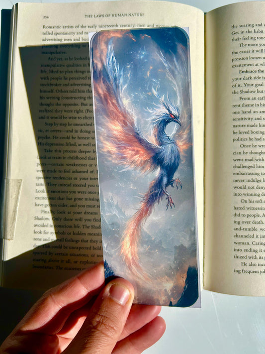 Ember-Winged Phoenix Bookmark – Fiery Mythical Bird in Stormy Skies | Fantasy Firebird Bookmark Gift for Book Lovers