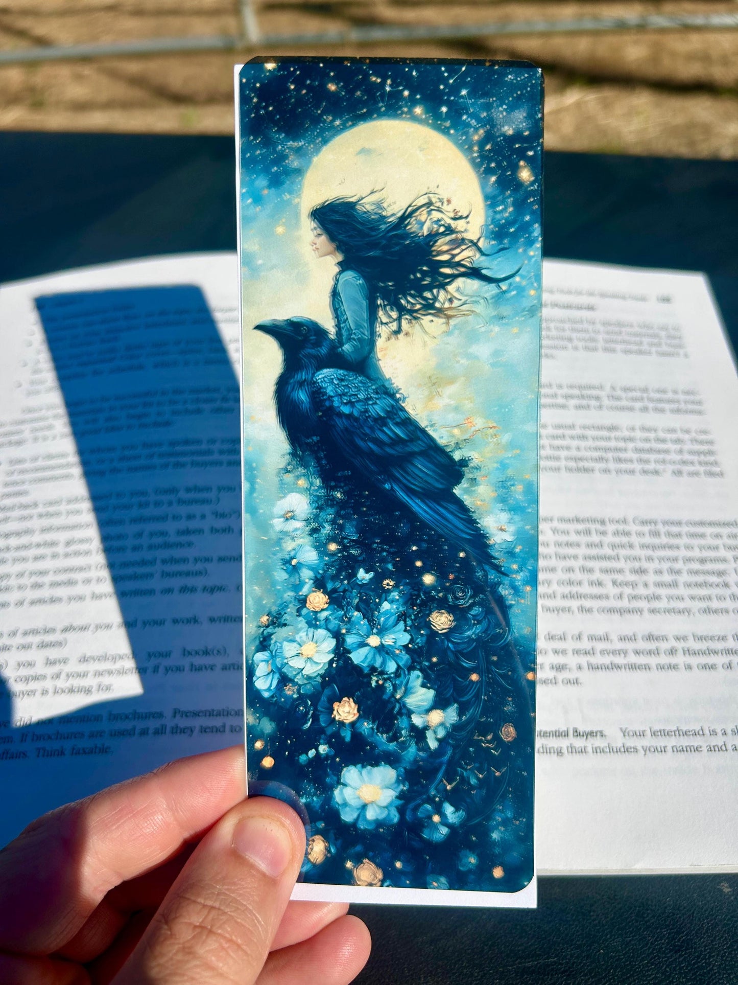 Raven Girl Bookmark – Moonlit Sky Illustration with Celestial Blue Flowers | Magical Animal Ride Fantasy Art