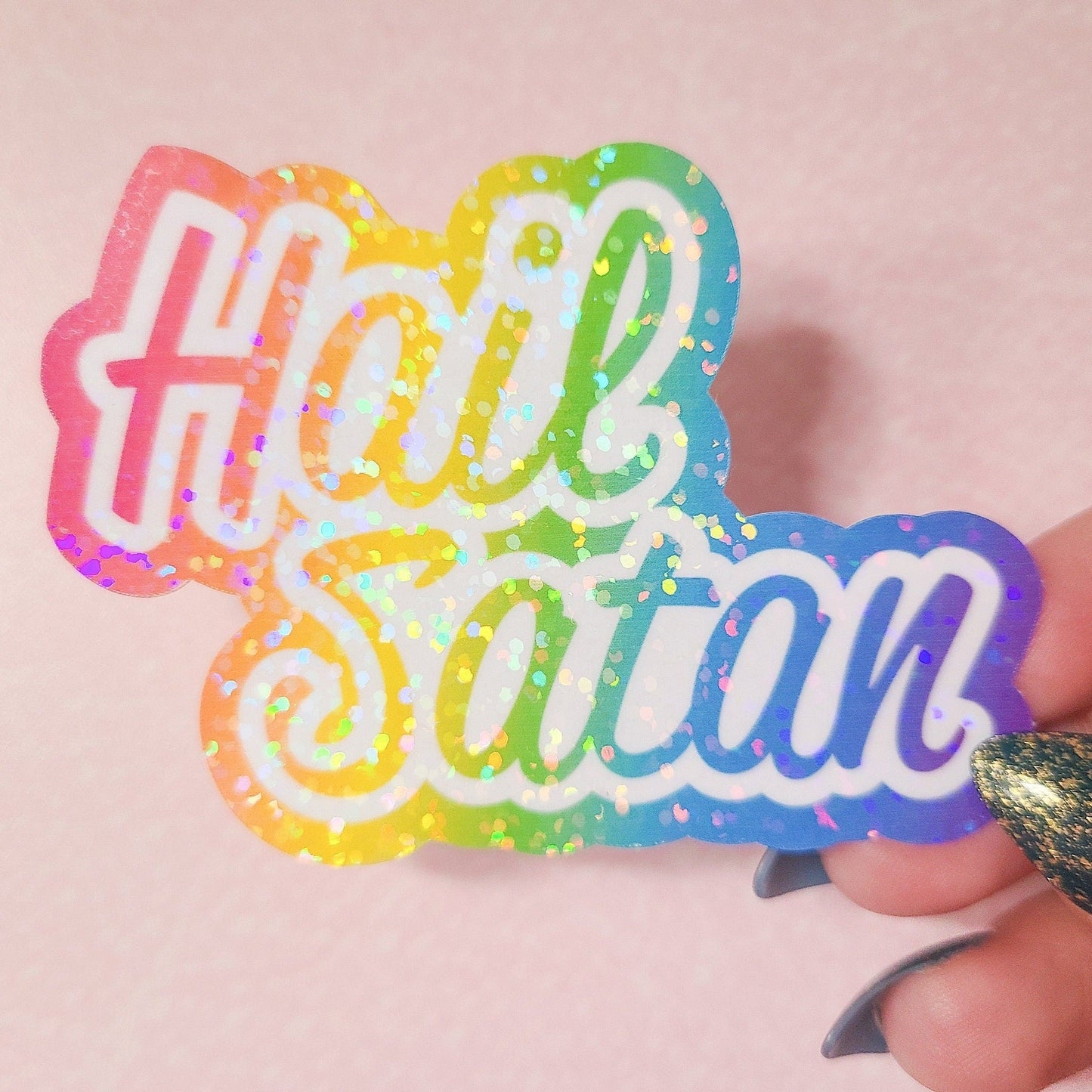 Hail Satan - Rainbow Holographic Sticker, 3 x 2.25 in.