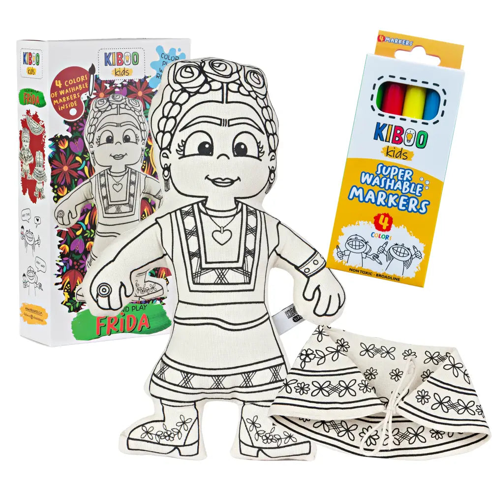 Kiboo Kids Artists Series: Frida with Shawl Coloring Set Washable and Reusable for Creative Play Color and Play Doll