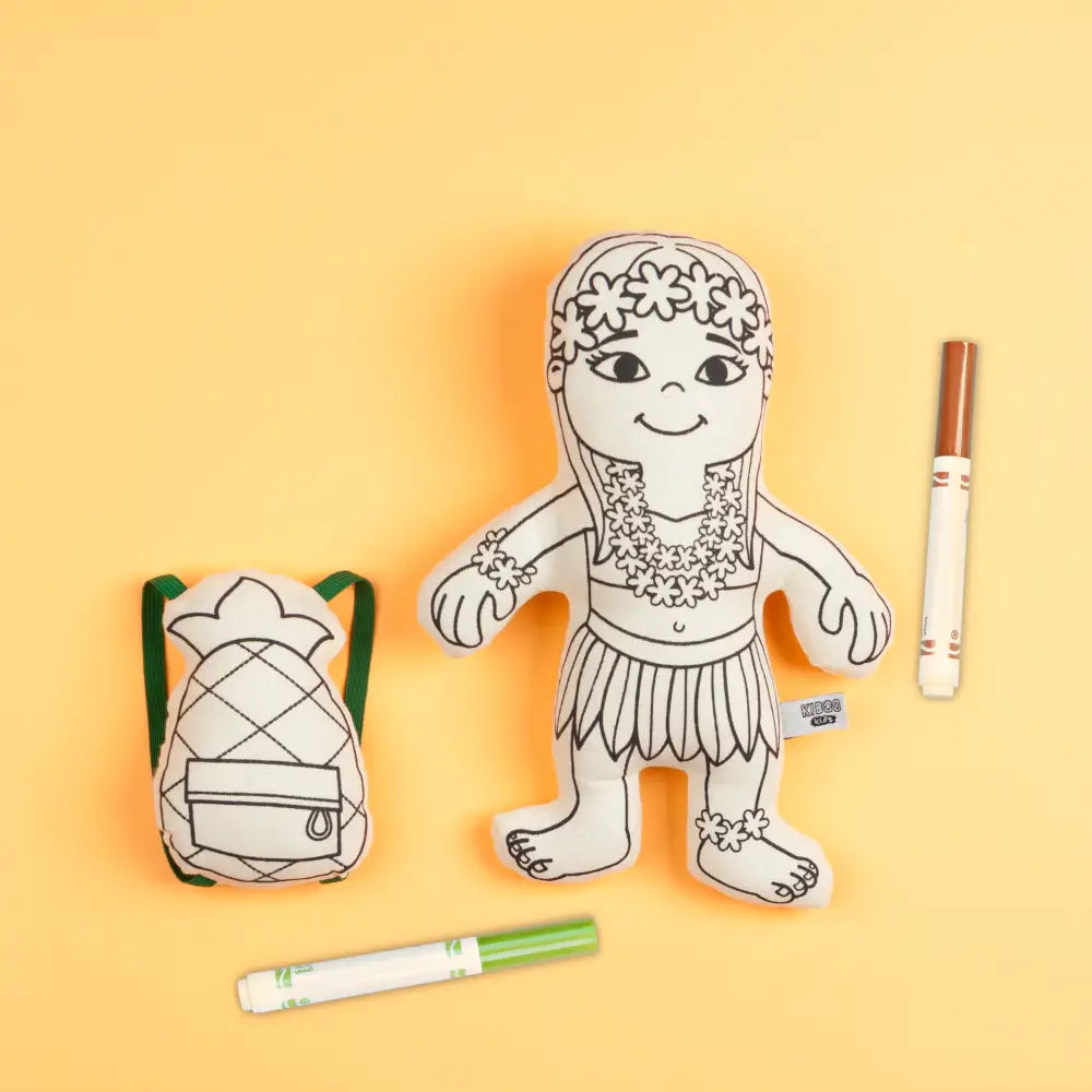 Kiboo Kids: Hula Girl with Mini Pineapple Backpack Colorable and Washable Doll for Creative Play Color and Play Doll