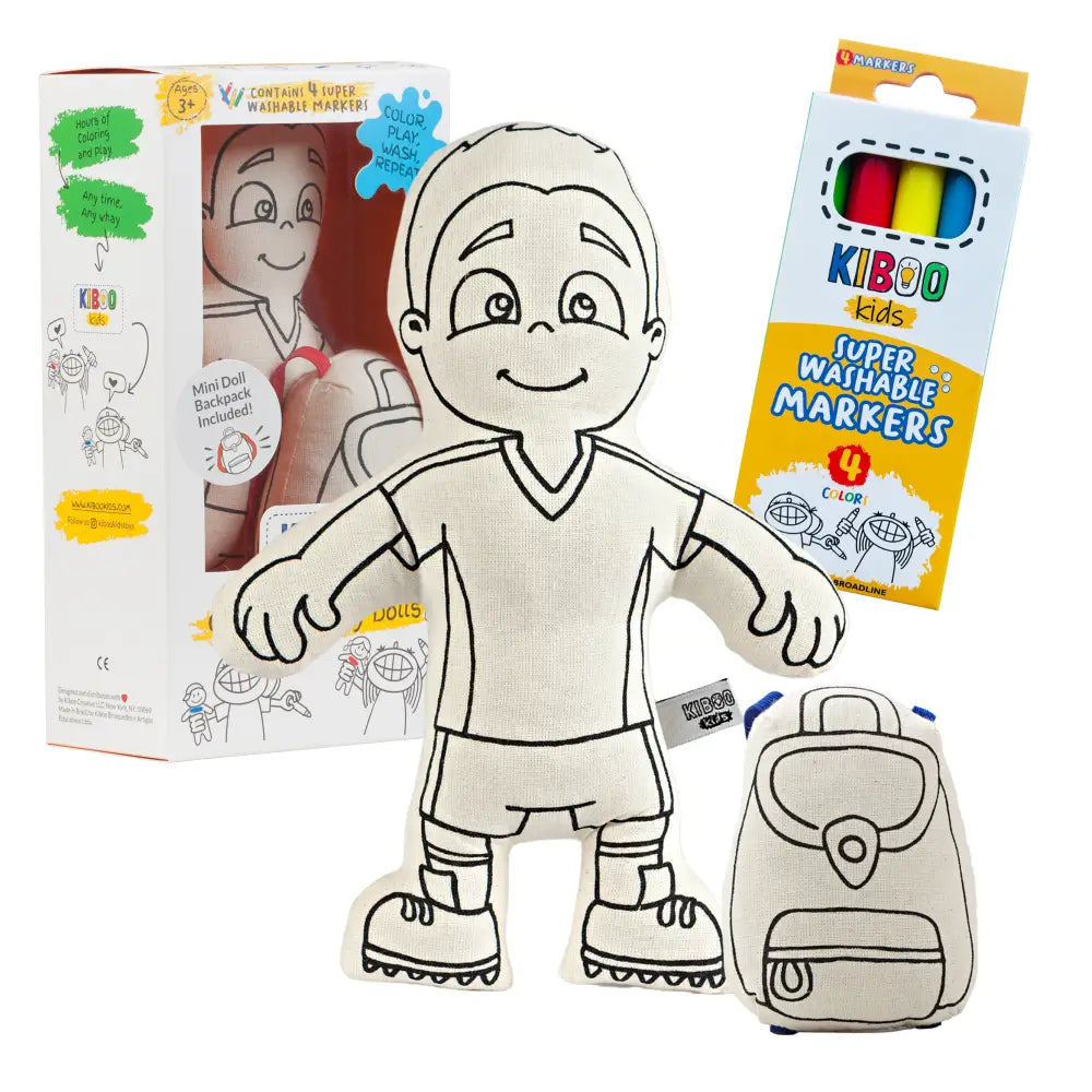Kiboo Kids Soccer Series: Soccer Boy Doll Colorable and Washable for Creative Play Color and Play Doll