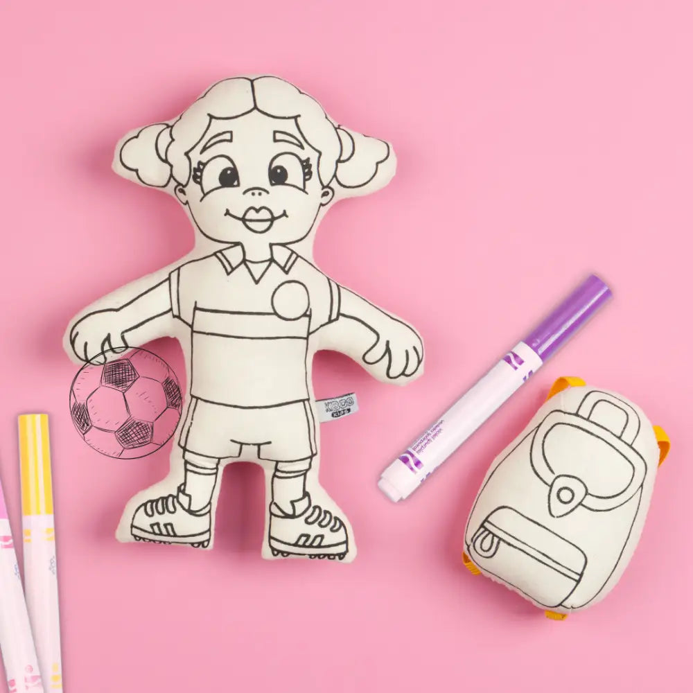 Kiboo Kids Soccer Series: Soccer Girl with Pigtails Doll Colorable and Washable for Creative Play Color and Play Doll