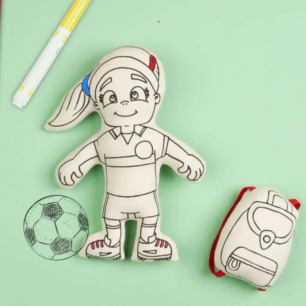 Kiboo Kids Soccer Series: Soccer Girl with Ponytail Doll Colorable and Washable for Creative Play Color and Play Doll