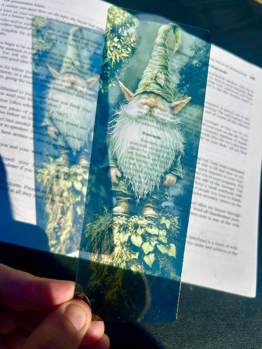Forest Gnome Bookmark – Earthy Greens & Mossy Stump | Nature Spirit Fantasy Art | Woodland Creature